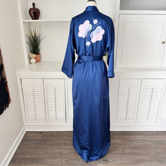 Vintage Natori Navy Blue Satin Embroidered Floral Nightgown and Robe Set Size S - Picture 1 of 10